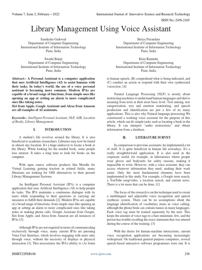 Library Management Using Voice Assistant | PDF | Speech Recognition ...