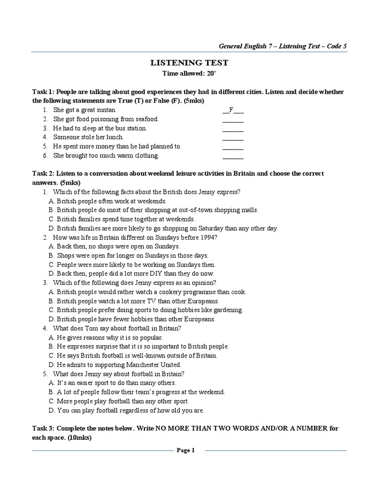 General English 7 - Listening Test - Code 5 | PDF | Sports & Recreation