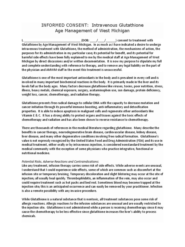 IV Glutathione Therapy Consent Form | PDF | Intravenous Therapy