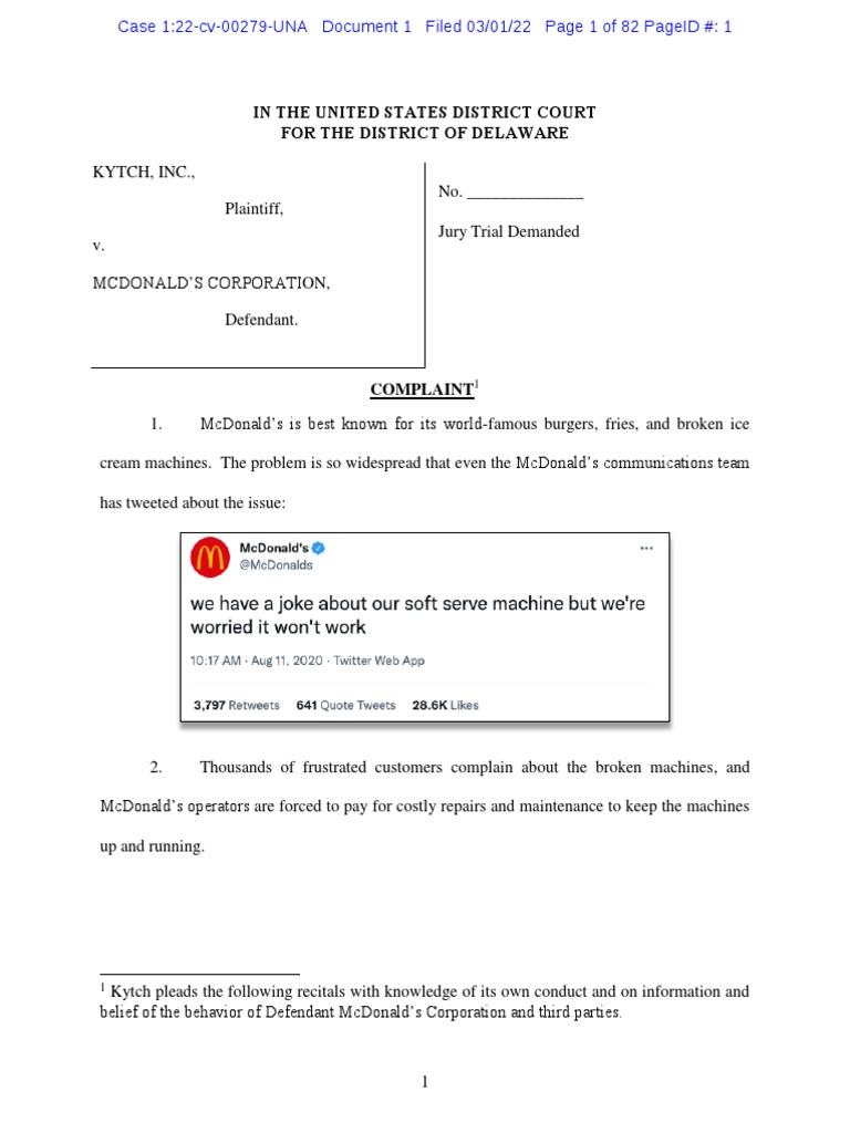 Kytch v. McDonald's Complaint | PDF | Non Disclosure Agreement | Safety