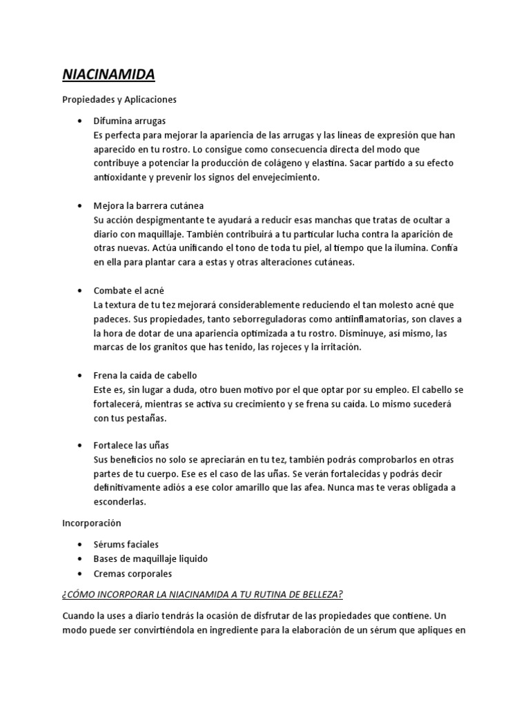 Beneficios de la Niacinamida en Belleza | PDF | Productos cosméticos | Piel