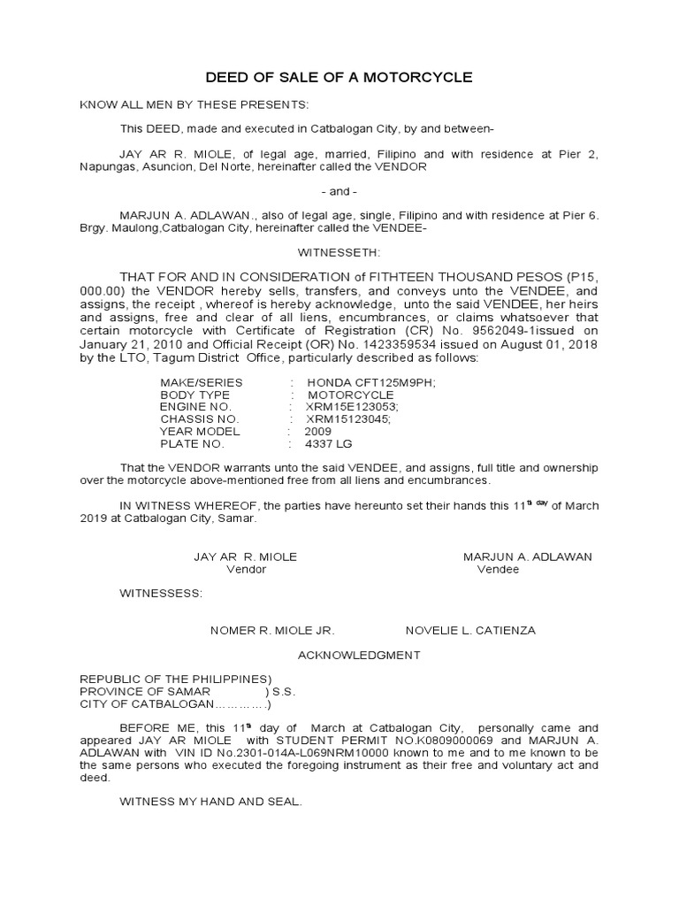 Motorcycle Deed of Sale Template | PDF | Deed | Transport