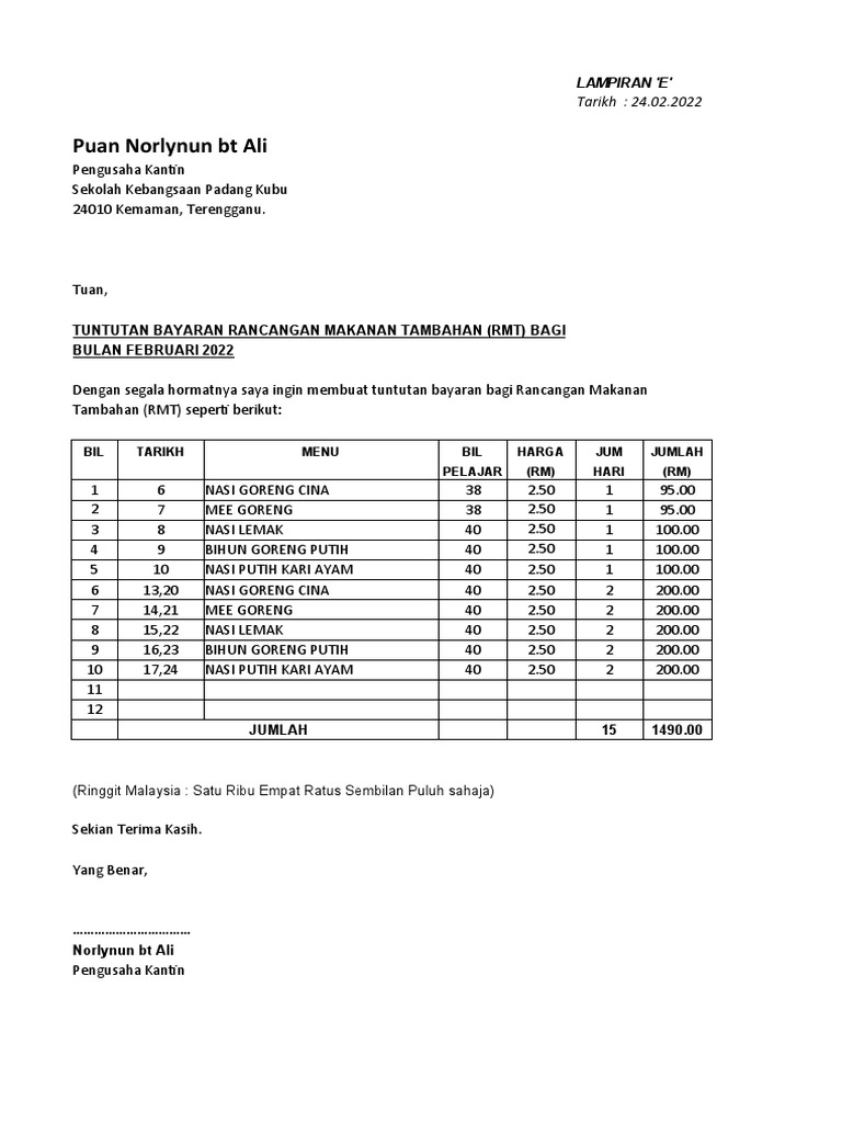 Claim Dan Nota Minta RMT Bulan Februari 2022-1 | PDF