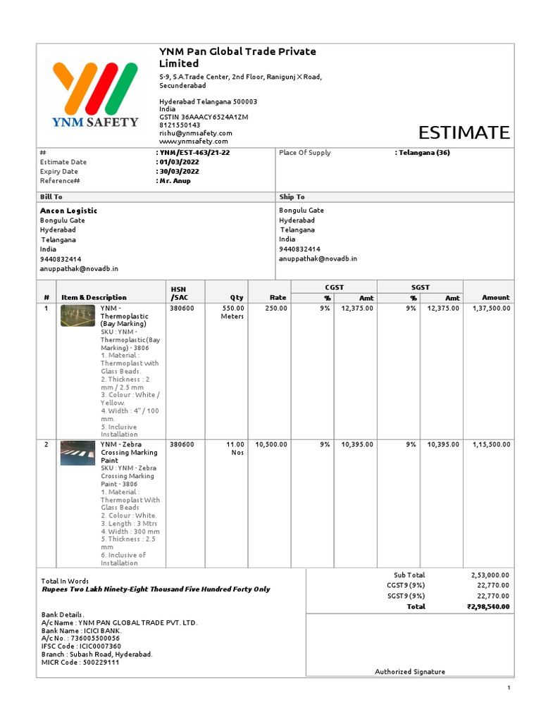 Estimate YNM Pan Global Trade Private Limited PDF