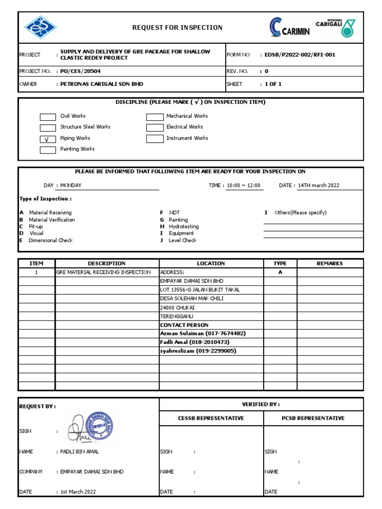 RFI 001 Material Inspection GRE SHALLOW CLUSTER | PDF | Systems ...