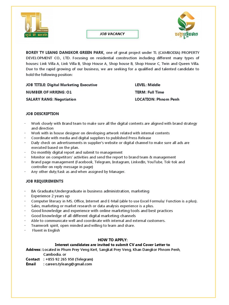 Digital Marketing Executive Job Description PDF Digital Marketing