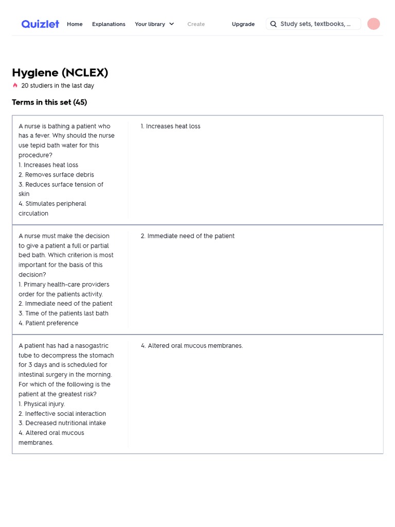 Hygiene (NCLEX) Flashcards Quizlet Download Free PDF Nursing