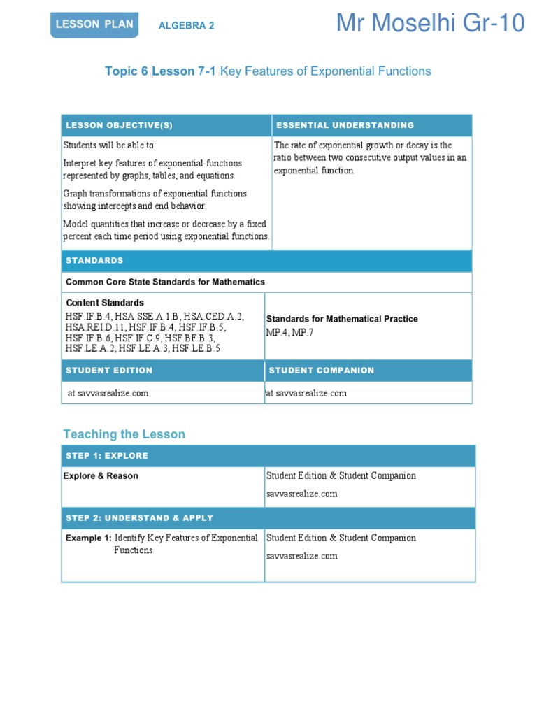 Topic 6 Lesson - 1: Key Features of Exponential Functions | PDF ...