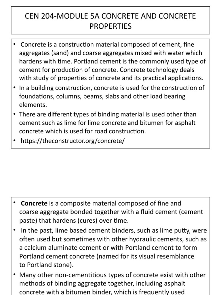 Cen 204 Module 5a Concrete Concrete Properties | PDF | Concrete | Cement