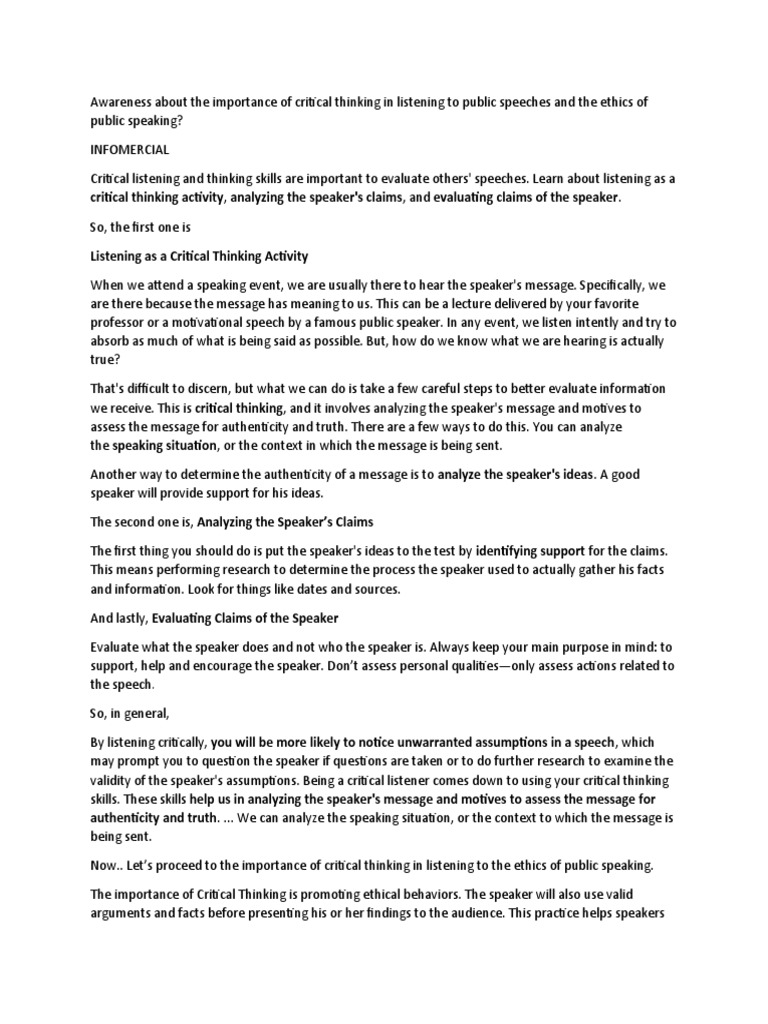 Critical Thinking Activity, Analyzing The Speaker's Claims, and