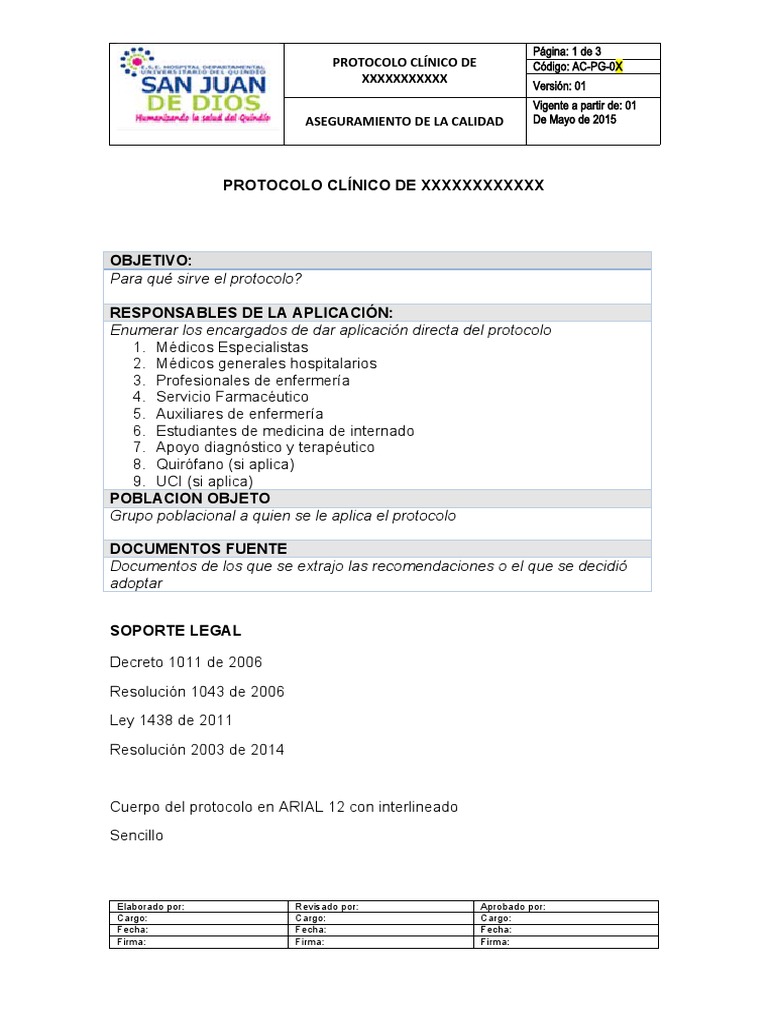 Formato PROTOCOLO CLÌNICO | PDF | Cuidado de la salud | Ciencias de la ...