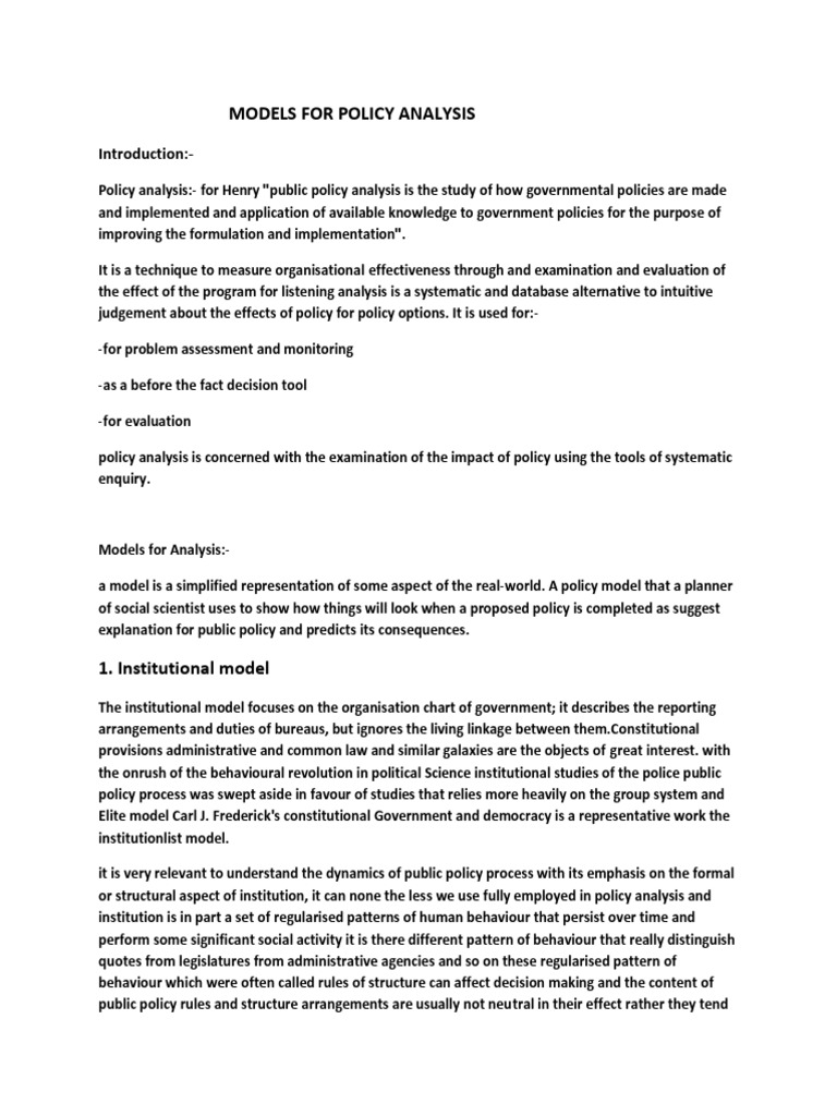 Models For Policy Analysis Introduction PDF Public Choice Economics