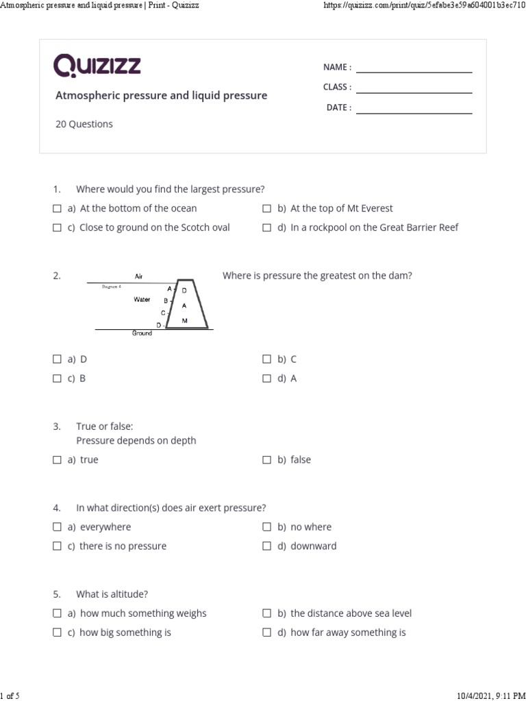 Atmospheric Pressure and Liquid Pressure Print Quizizz PDF