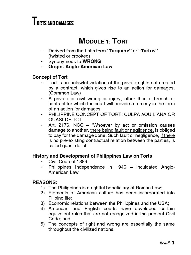 Elements of Torts in the Philippines | PDF | Negligence | Tort