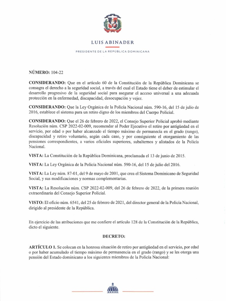 Decreto 104-22 Que Retira A 2407 Miembros de La Policía Nacional | PDF