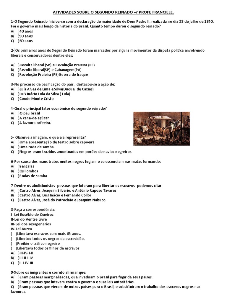 Resumo e Atividades Sobre o Segundo Reinado | PDF | Escravidão | Brasil