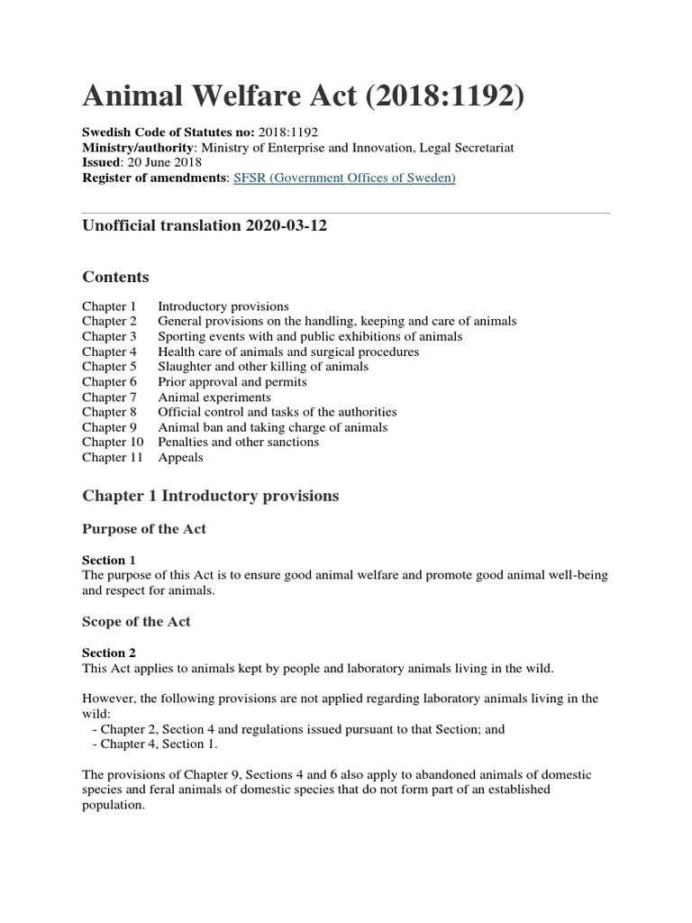Animal Welfare Act Sfs 2018 1192 12 Mars 2020 PDF Animal Testing