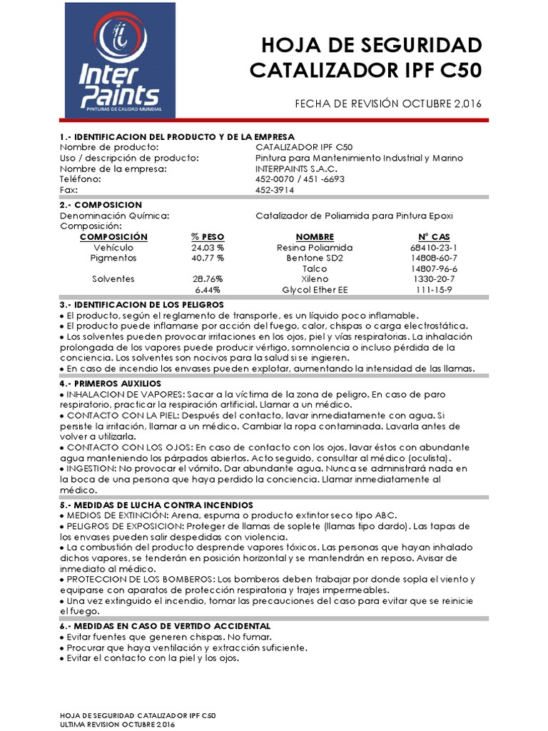 Hoja de Seguridad Catalizador IPF C50 | PDF | Agua | Solvente