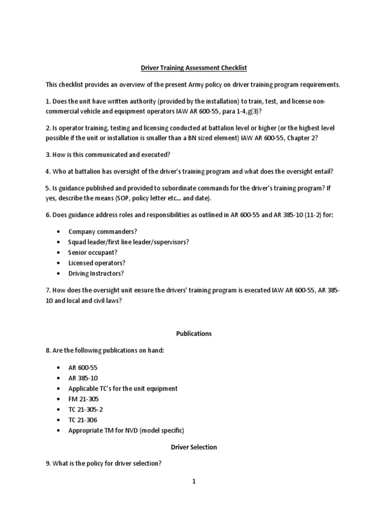 Army Driver Training Program Checklist | PDF | Test (Assessment)
