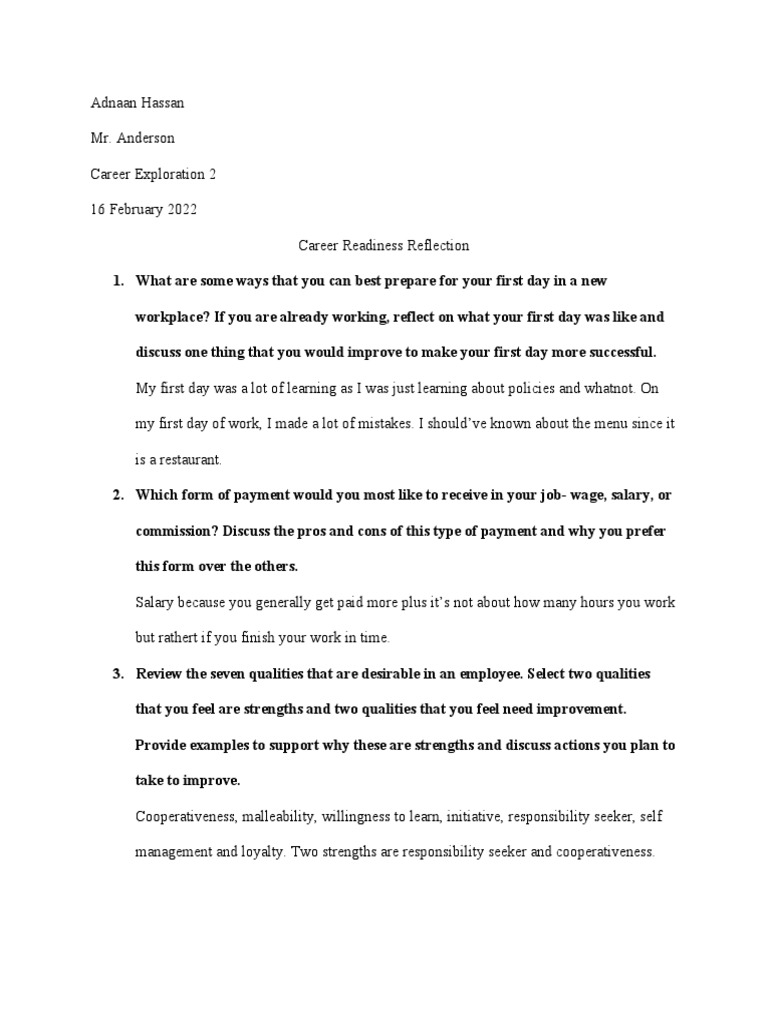 Career Readiness Reflection | PDF | Employment | Salary