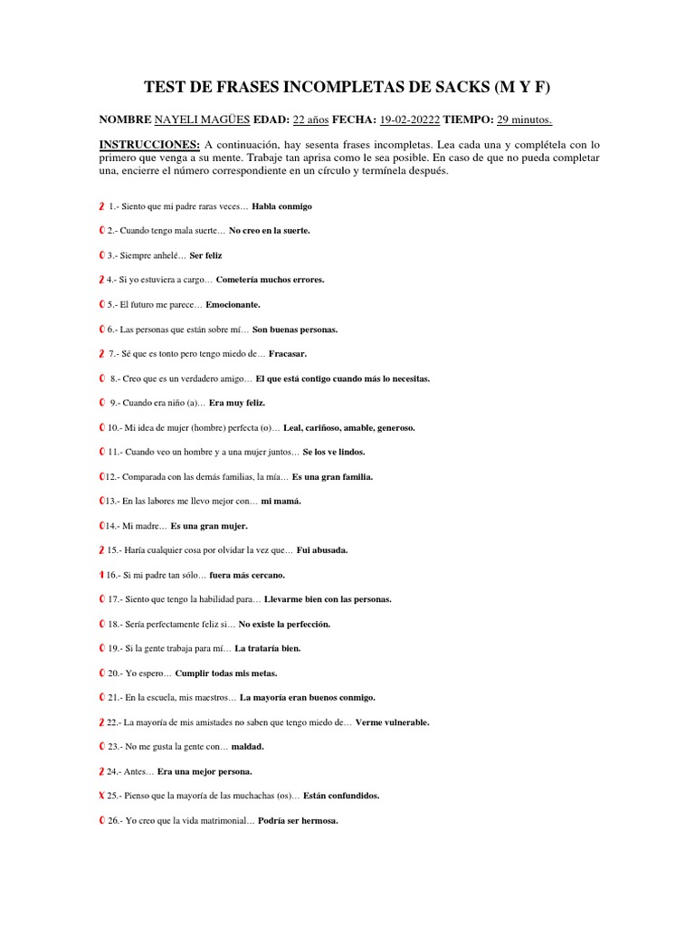 Test de Frases Incompletas de Sacks | PDF