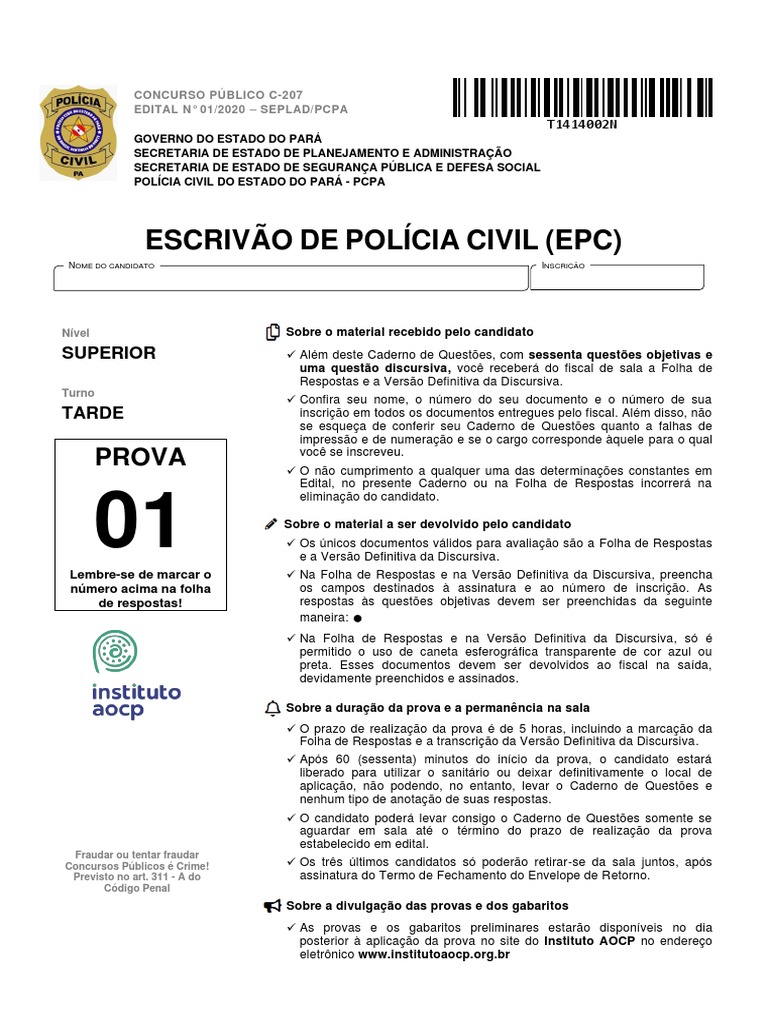 Prova Escrivão Polícia Civil PA 2021 | PDF | Administração pública ...