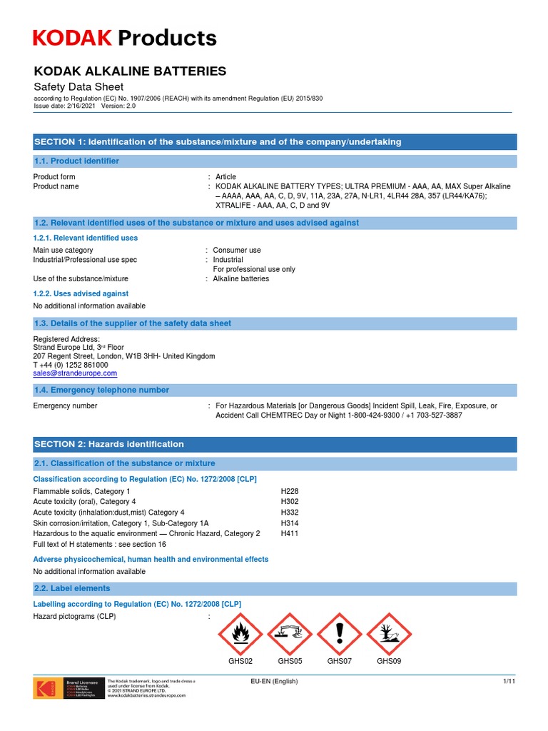 Kodak Alkaline Batteries Safety Data Sheet PDF Toxicity Firefighting
