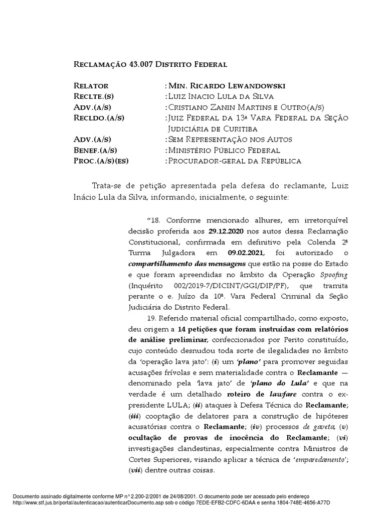 Manifestação contra a Lava Jato por parte da defesa de Lula, PDF, Luiz  Inácio Lula da Silva