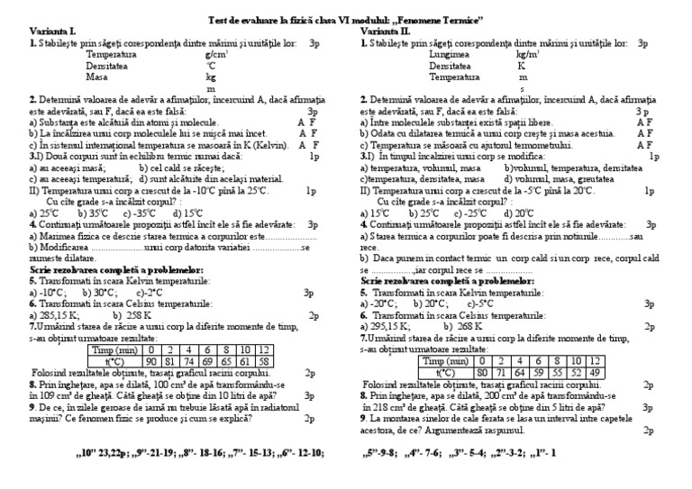 Test de Evaluare La Fizica Clasa VI Fenomene Termice | PDF