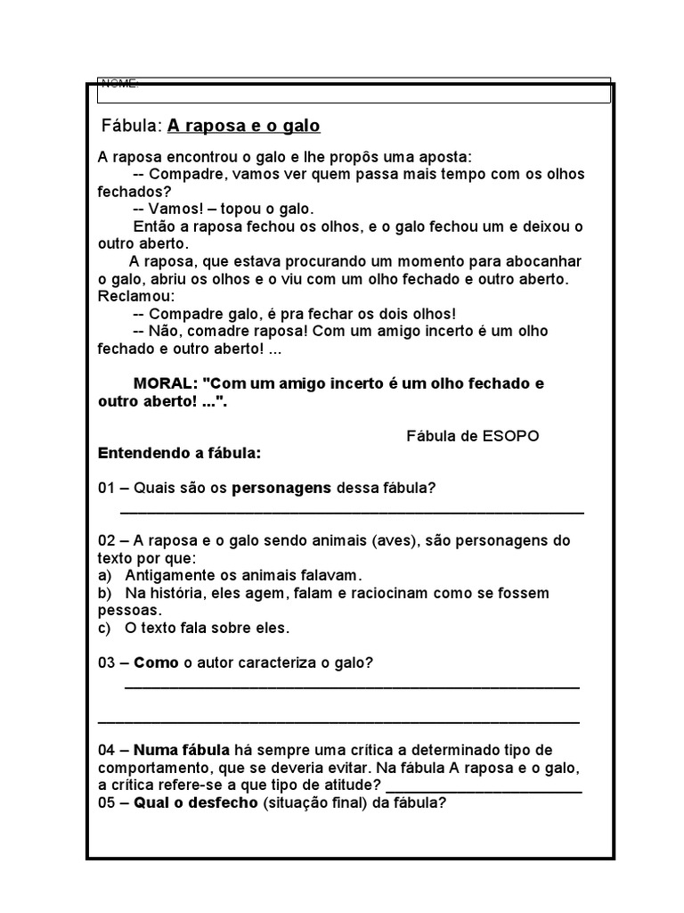 Fábula: A Raposa e o Galo | PDF