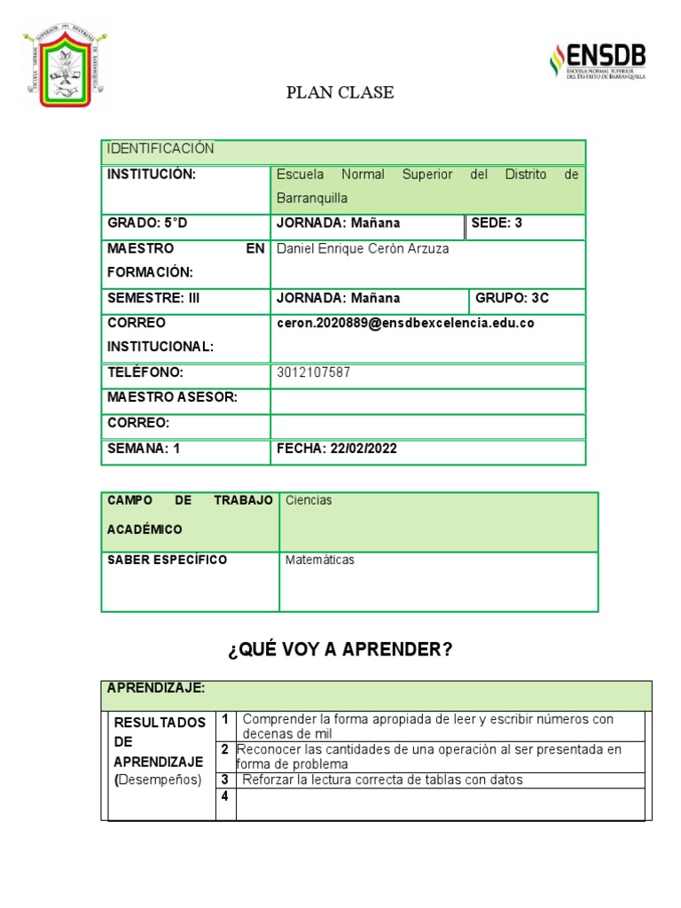 PLAN CLASE 2 (Matematicas) | PDF | Crecimiento personal y profesional ...