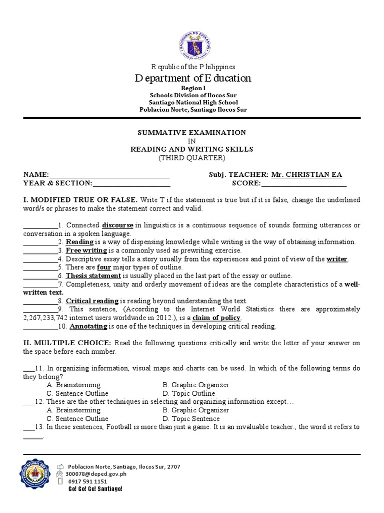 Summative ThirdQuarterExaminReadingandWriting PDF Linguistics