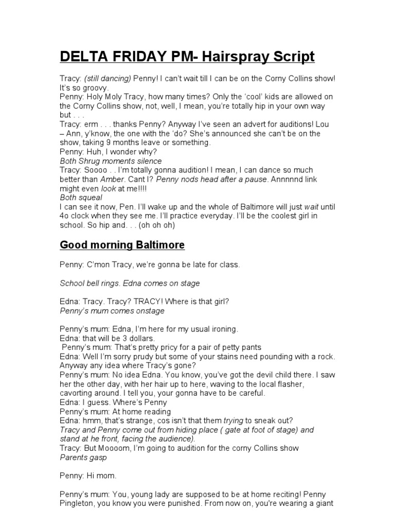 Hairspray Script Leisure Entertainment (General)
