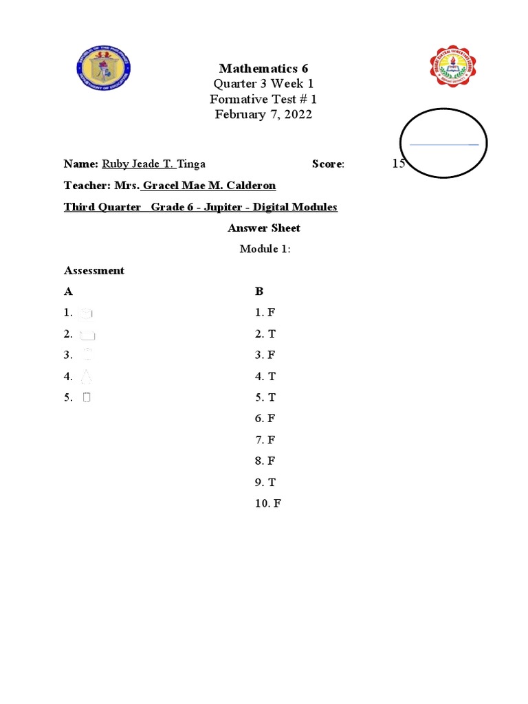 Mathematics6 Q3 W1 Answer Sheet | PDF