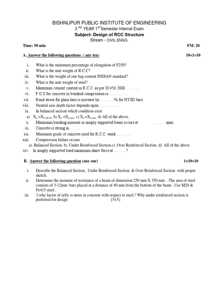 RCC Structure Design Exam Questions | PDF | Teaching Methods ...