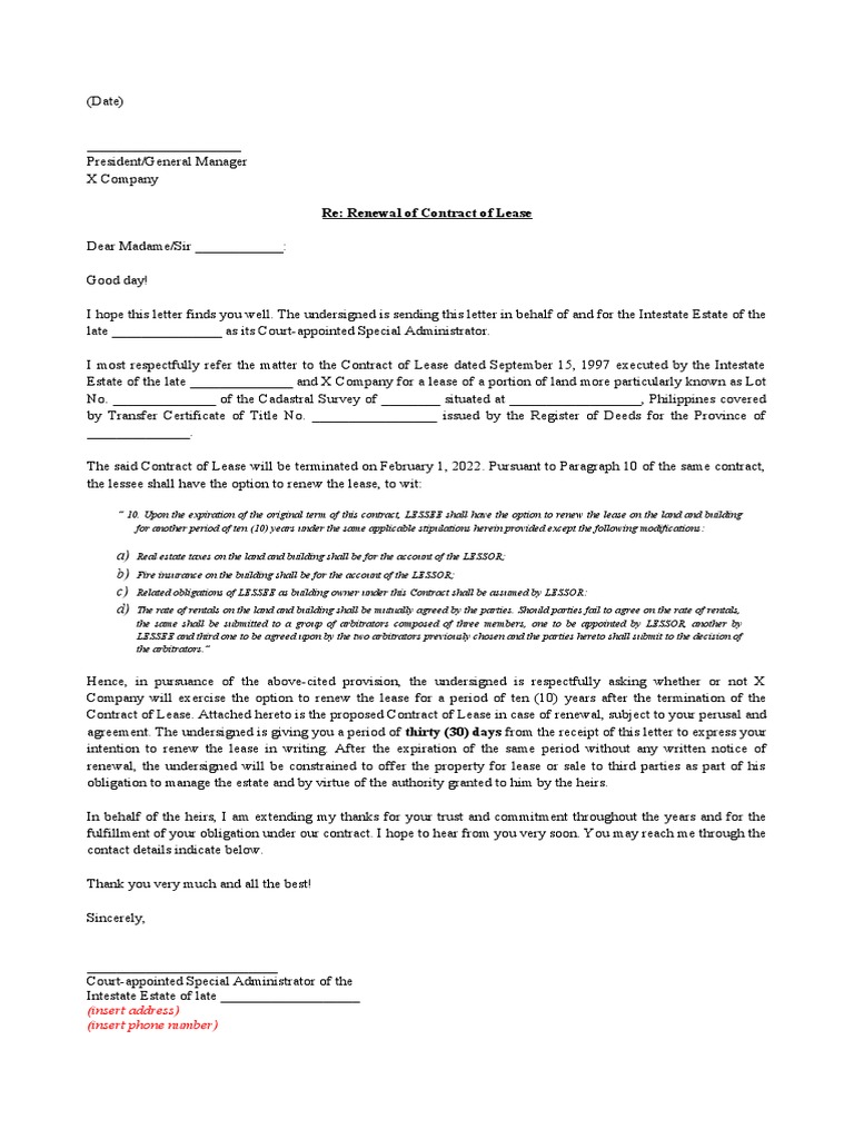 Notice For Renewal of Lease PDF Lease Natural Resources Law