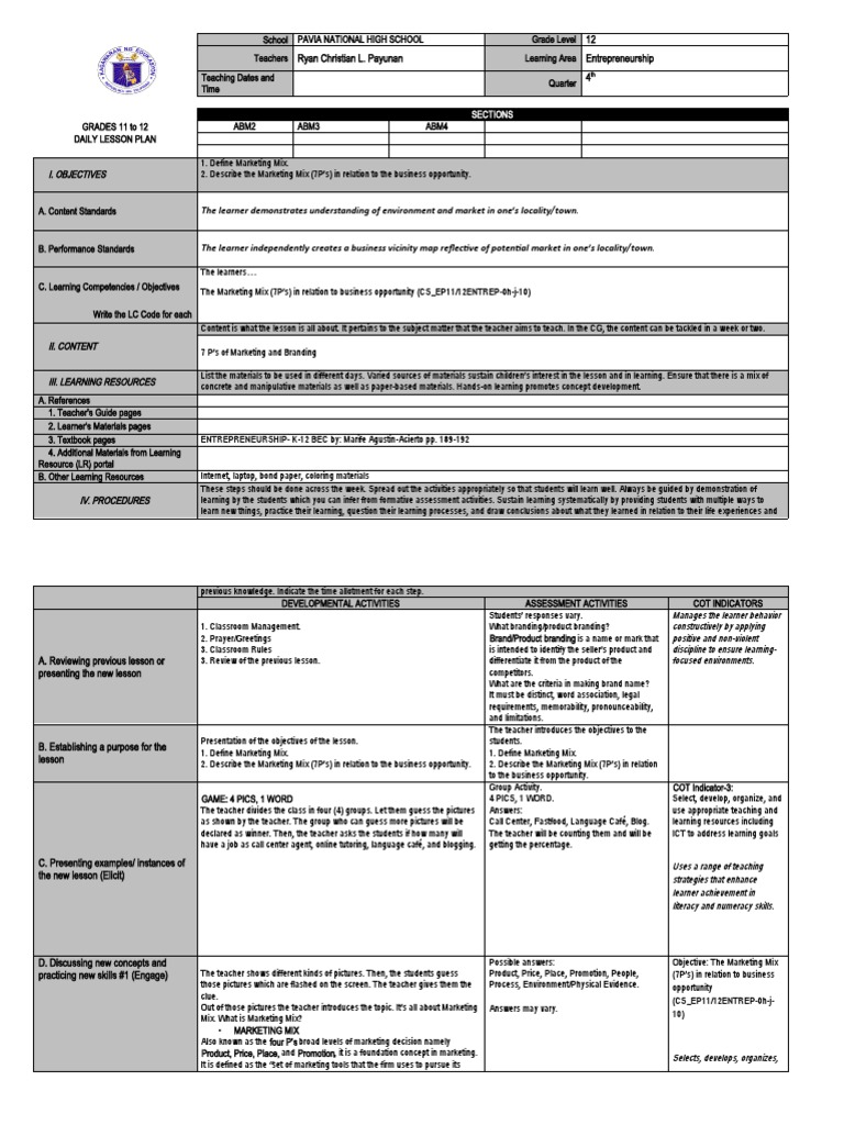 Grade 12 Marketing Mix Lesson Plan | PDF | Teachers | Marketing