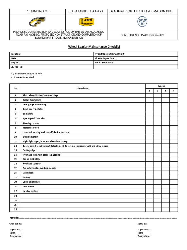 Wheel Loader Maintenance Checklist PDF Car Vehicles