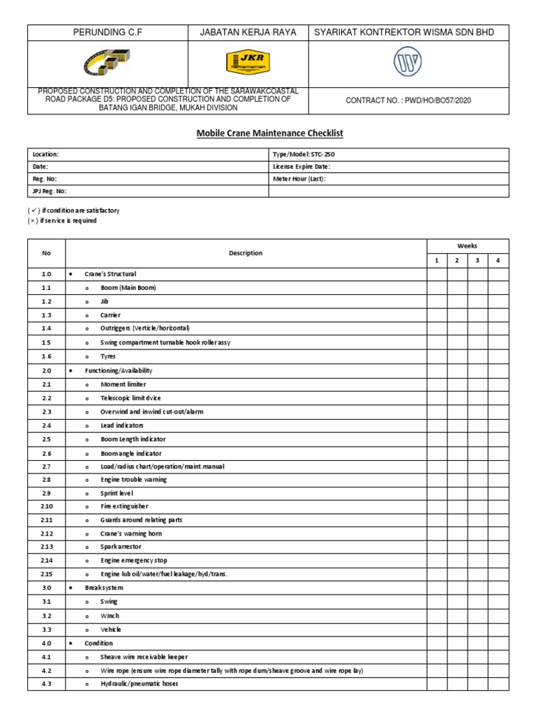 Mobile Crane Maintenance Checklist | PDF | Crane (Machine) | Vehicle ...
