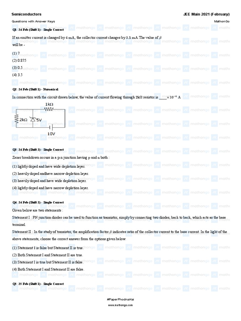 JEE Main 2021: Semiconductor Q&A | PDF | Bipolar Junction Transistor ...
