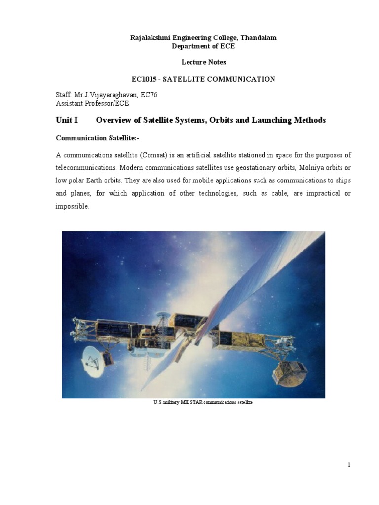 Unit I Overview of Satellite Systems, Orbits and Launching Methods ...