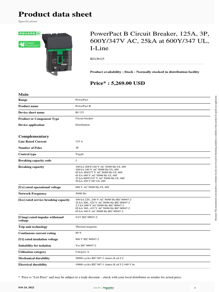 PowerPact BFrame Molded Case Circuit Breakers BJA36125 PDF Alternating Current