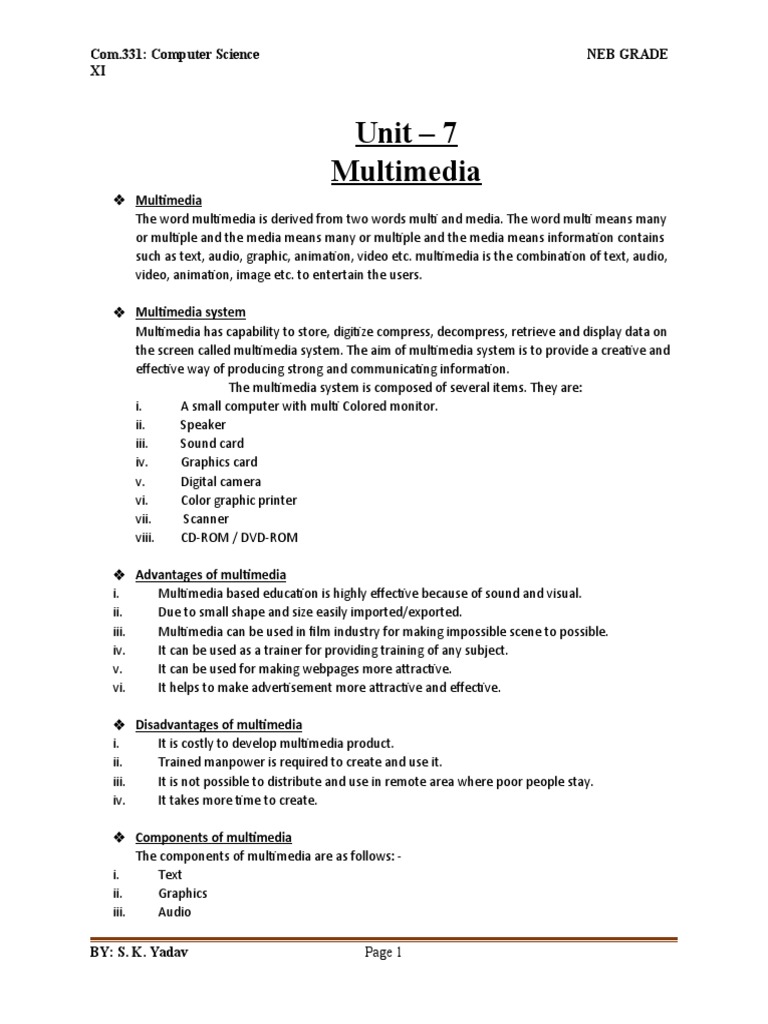 Unit - 7 Multimedia: Com.331: Computer Science Neb Grade XI | PDF ...