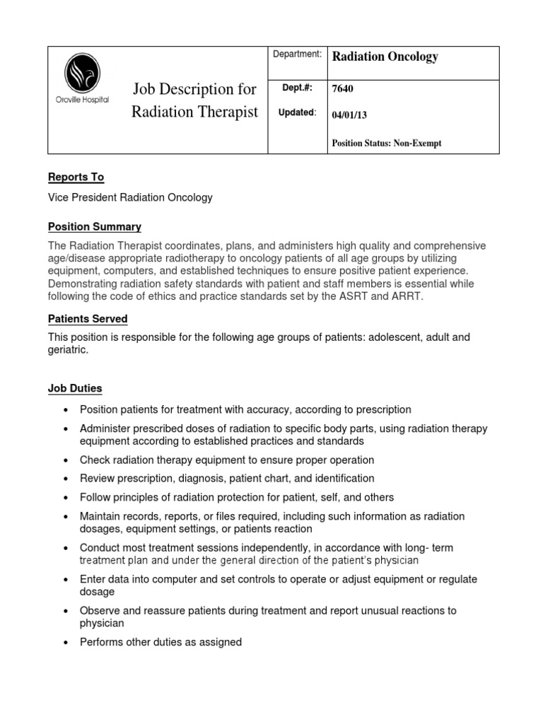 Radiation Therapist Job Description PDF Radiation Therapy Therapy