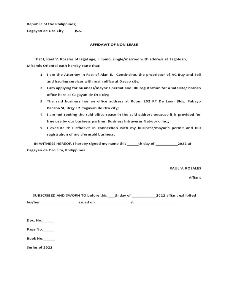 Affidavit of Non - Lease | PDF
