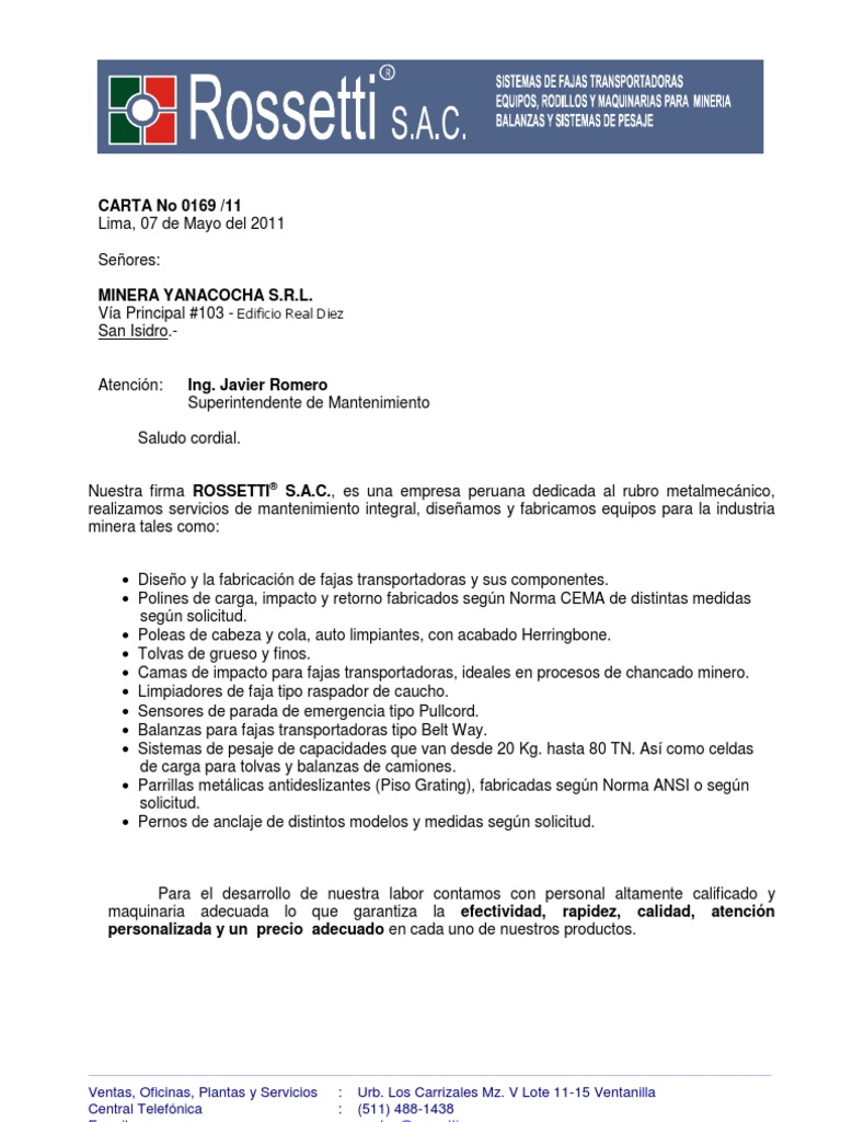 Carta de Presentación ROSSETTI S.A.C - YANACOCHA