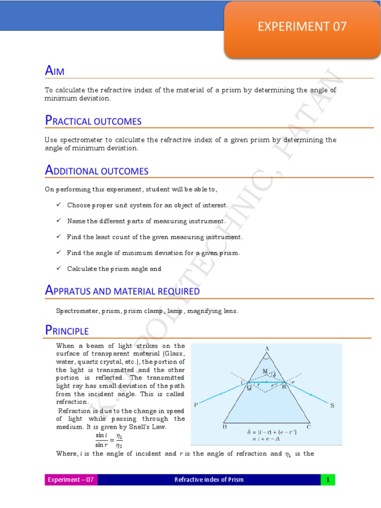 Experiment 07 Refractive Index of Prism PDF Prism Refractive