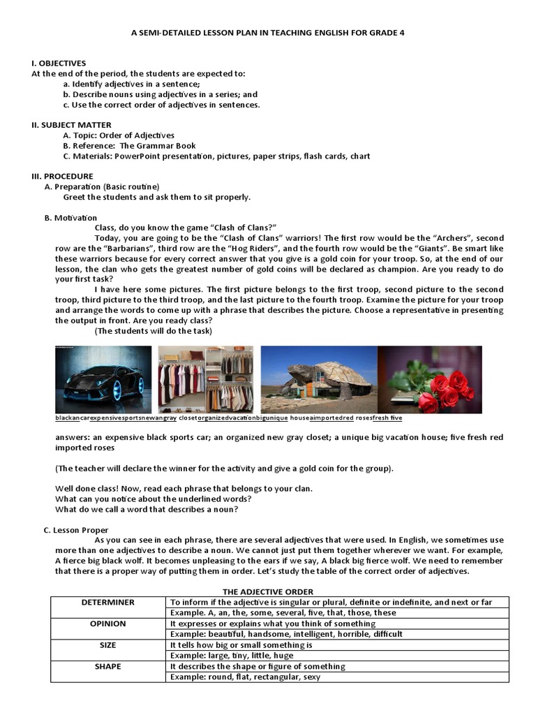Grade 4 Adjectives Lesson Plan | PDF | Adjective | Noun