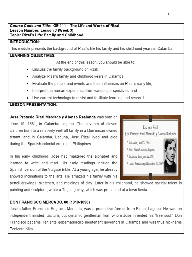 Lesson 3 Week 3 Rizals Life Family and Childhood by CSD | PDF | Philippines