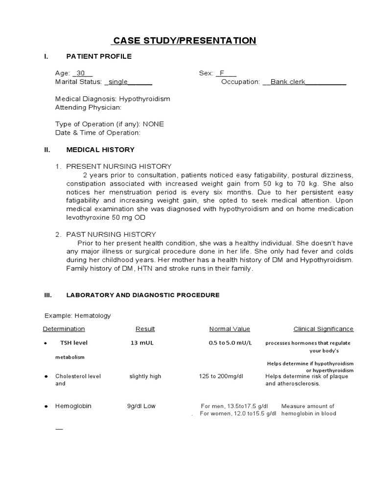 Case Study/Presentation: I. Patient Profile | PDF | Hypothyroidism ...